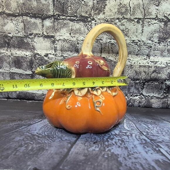 Vintage Pumpkin Gourd Double Pitcher Thanksgiving Fall Majolica Style - Picture 7 of 8